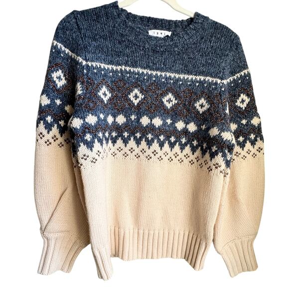 THML Fair Isle Color Block Navy Blue Cream Metallic Knit Sweater Sz L - Picture 2 of 8